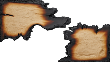 Two burnt parchment paper pieces with charred edges detailed texture illustration isolated on transparent background