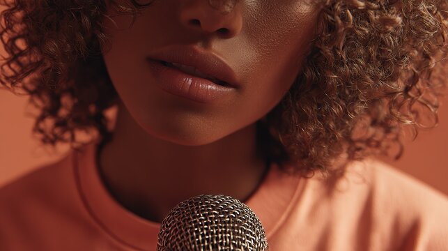 a closeup of an african american woman speaking into the microphone with her face partially obscured by curly hair and wearing a peachcolored tshirt generative ai
