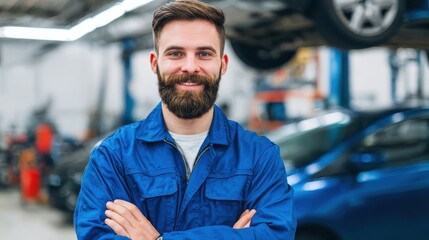 smiling mechanic stands in car repair shop with arms crossed confident professional in blue uniform looks at camera workshop interior automotive car service station auto maintenance