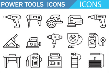 Power tools icons set vector illustration with drill, saw, sander, and compressor