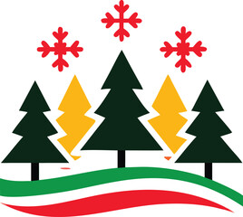 Three red snowflakes hover above green and gold pine trees with Italian stripes