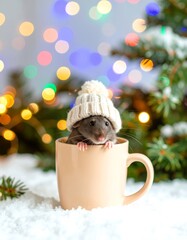 Rat in knitted hat, coffee cup, snowy scene