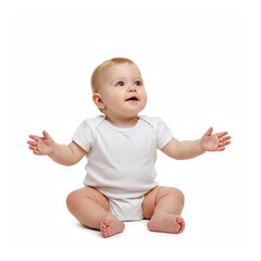Seated baby boy looking upwards on white background