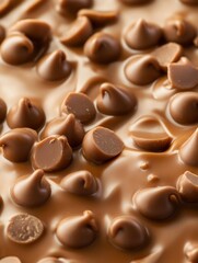 Fototapeta premium Melted chocolate chips create a rich and delicious background for baking treats and desserts in a kitchen setting