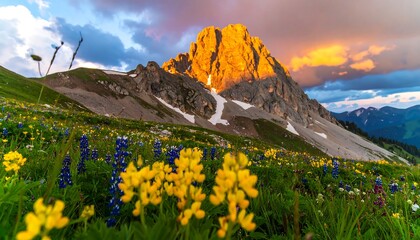 Golden mountain peak bathed in sunset light, wildflowers below