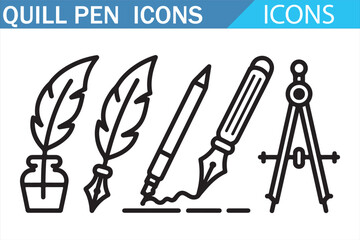 Black quill pen icons set with writing tools and compass for education and design