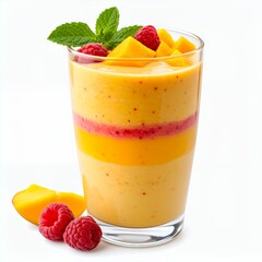 Refreshing layered fruit smoothie with garnish of raspberries and mint on white background