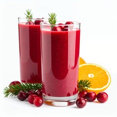 Invigorating cranberry and orange smoothie with festive garnish still life on white background