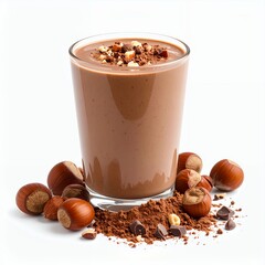 Delicious hazelnut chocolate smoothie topped with nuts in a glass presentation on white background