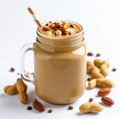 Delicious peanut butter smoothie topped with nuts in a mason jar on white background