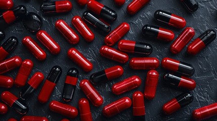 Pharmaceutical Capsules Scattered on Dark Surface Evoking Medical Research Themes