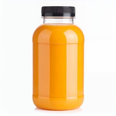Freshly squeezed vibrant orange juice packaged in transparent bottle on white background