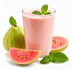 Refreshing guava smoothie displayed with fresh fruit and mint sprigs on white background