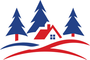 Red and blue house stands between three pine trees, isolated on white