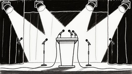 An empty podium featuring multiple microphones stands illuminated under bright stage spotlights, set against dark curtains, creating the dramatic and anticipatory atmosphere