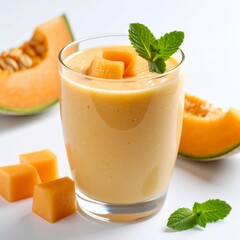 Refreshing cantaloupe smoothie in glass with melon pieces and mint garnish on white background