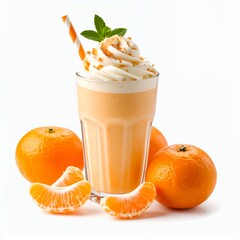 Refreshing tangerine smoothie topped with whipped cream drink presentation on white background