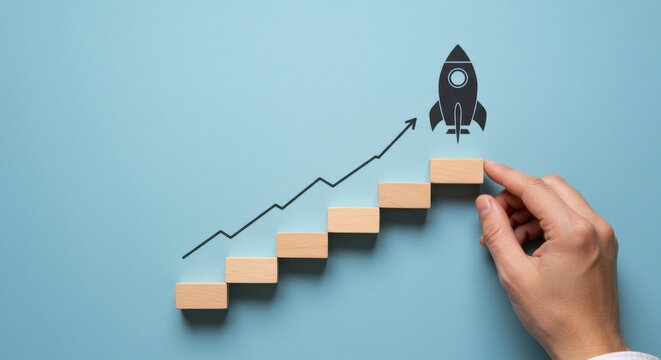 Rising staircase with a rocket ascending into the sky, symbolizing growth and success in business