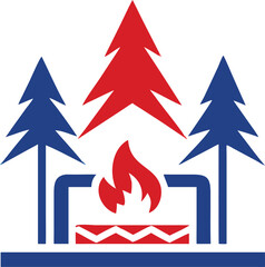 Blue fir trees flank a red burning flame under a red tree shape transparent background