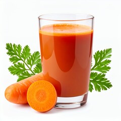 Refreshing carrot juice presentation in glass with sliced carrot and greens beside on white background