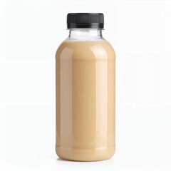 Refreshing beverage in a clear plastic bottle with a dark cap presentation on white background