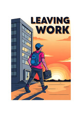 Obraz premium Man walking away from office building at sunset, leaving work concept