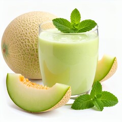 Refreshing cantaloupe smoothie with sliced fruit and mint leaves on white background