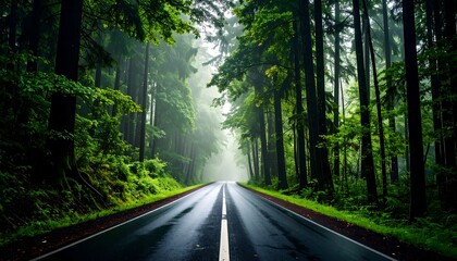 Obraz premium Misty forest road. Lush green trees line a wet asphalt road, leading into a hazy distance