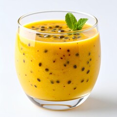 Refreshing tropical juice creation with passion fruit and mint garnish on white background