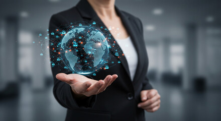 Professional businesswoman holds glowing digital globe connecting global network of people and data in modern office