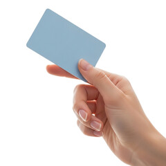 Hand holding blue card mockup template for business card credit card gift card or membership card design on transparent background