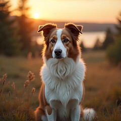Border Collie, Border Collie dog sitting on the green grass during sunset, looking thoughtfully, sunlight falling on him making him more clear and beautiful, close-up, natural background