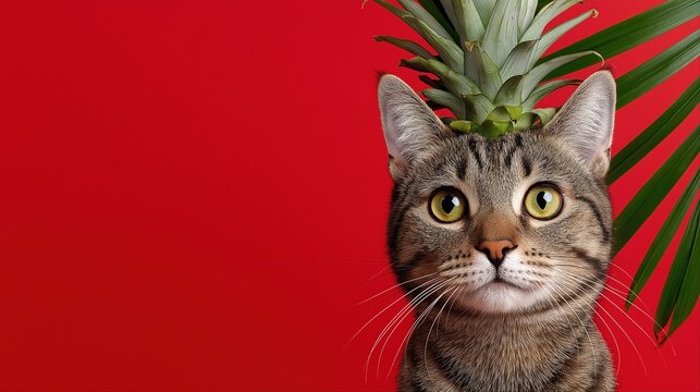 Cat with pineapple hat against bold red background - Powered by Adobe