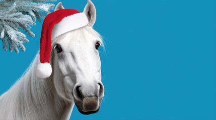 White horse with red santa hat and pine branch against blue background
