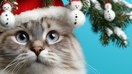 Adorable cat with santa hat and festive snowman ornaments on blue background