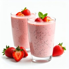 Refreshing strawberry smoothies adorned with mint leaves, close-up presentation on white background