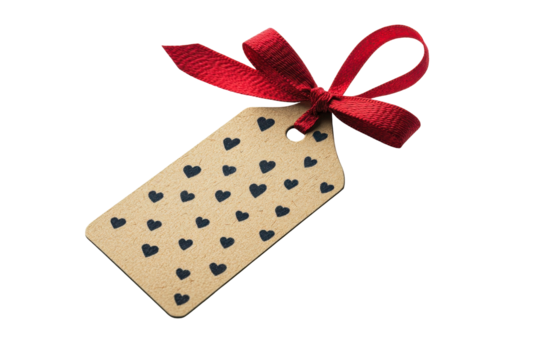 Gift tag with a red ribbon and black hearts pattern used for decoration, craft, or labeling presents for birthdays and special occasions