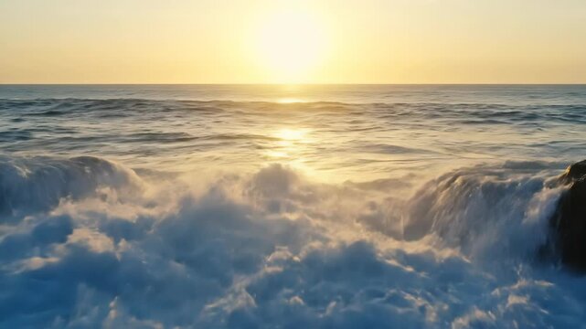 Spectacular view of ocean waves crashing on rocks during a golden hour sunset, water reflecting warm sunlight creating a serene and dramatic atmosphere.