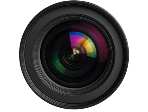 Professional DSLR Camera Lens Front View, Glossy Glass Reflection, Isolated on Transparent Background - Powered by Adobe