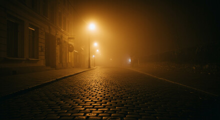 Mysterious foggy street at night with glowing lampposts illuminating cobblestones and old buildings, creating an atmospheric scene