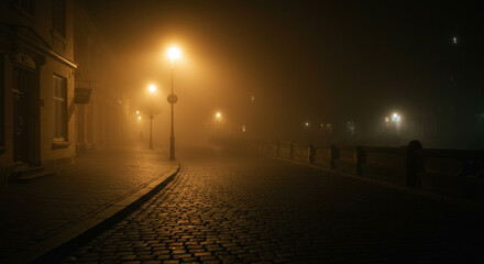 Mysterious foggy cobblestone street illuminated by warm gas lamps creates an atmospheric, cinematic mood for storytelling.