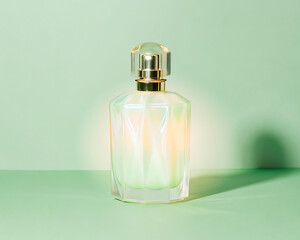Elegant clear glass perfume bottle with a golden cap and a soft shadow casting on a pastel green background studio shot