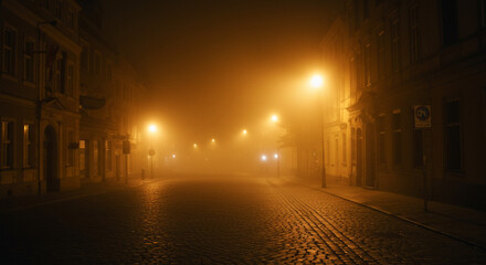 Mysterious cobblestone street glows with warm lamplight through thick fog on a quiet night