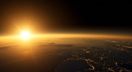 Stunning sunrise over Earth from space, illuminating city lights and clouds, inspiring awe and wonder
