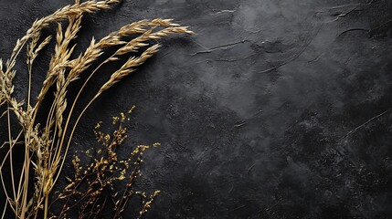 Dried grasses and wildflowers on a dark textured background