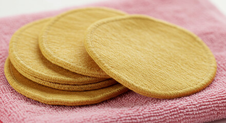 Luxurious golden reusable makeup remover pads stacked elegantly on soft pink microfiber cloth, perfect for eco-conscious beauty routines.