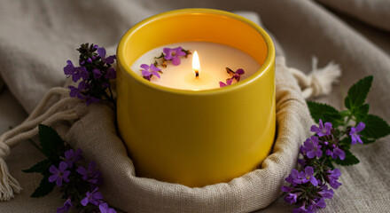 Warm glowing candle with delicate purple flowers creates a serene ambiance for relaxation and self-care moments