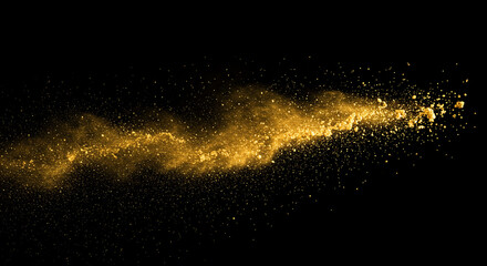 Dynamic golden dust explosion against black, creating a vibrant, energetic, and luxurious abstract background effect.