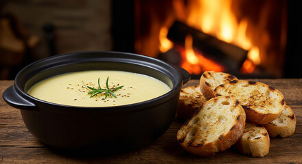 Cozy evening comfort warm creamy soup with crusty bread beside a crackling fireplace offering pure relaxation and delicious indulgence