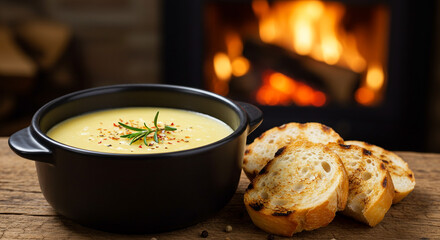 Cozy evening comfort with creamy soup, toasted bread, and a warm fireplace glow creating a perfect, inviting atmosphere.